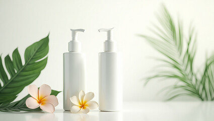 Cosmetic mockup with white bottles and pump dispensers on light background with tropical leaves and flowers. Spa skincare banner, beauty product scene, lotion or cream packaging design, organic care t