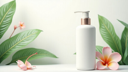 Cosmetic mockup with white bottles and pump dispensers on light background with tropical leaves and flowers. Spa skincare banner, beauty product scene, lotion or cream packaging design, organic care t