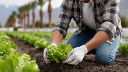 Hands carefully pick lettuce leaves from the ground in a California field with mountains and palm trees in view, illuminated by sunlight