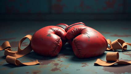 Red boxing gloves lying on gym floor in ring. Sports equipment concept, combat training, fighting spirit, athletic competition, martial arts gear, fitness background, motivation, discipline, power sym