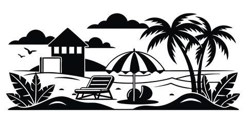 summer design palm tree sitting on chair front table and umbrella man beach for print on demand black bold simple outline on white backgrounds vector
