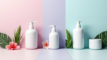 Cosmetic product mockup with bottles and cream jars on pastel backgrounds. Skincare packaging design, spa banner, beauty branding concept, lotion and cream containers, organic cosmetics visual, minima