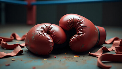 Red boxing gloves lying on gym floor in ring. Sports equipment concept, combat training, fighting spirit, athletic competition, martial arts gear, fitness background, motivation, discipline, power sym