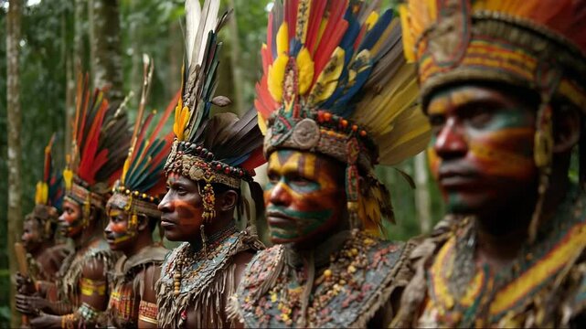 A group of indigenous people, adorned with vibrant face paint and elaborate headdresses, stands in a forest. The scene conveys cultural richness.