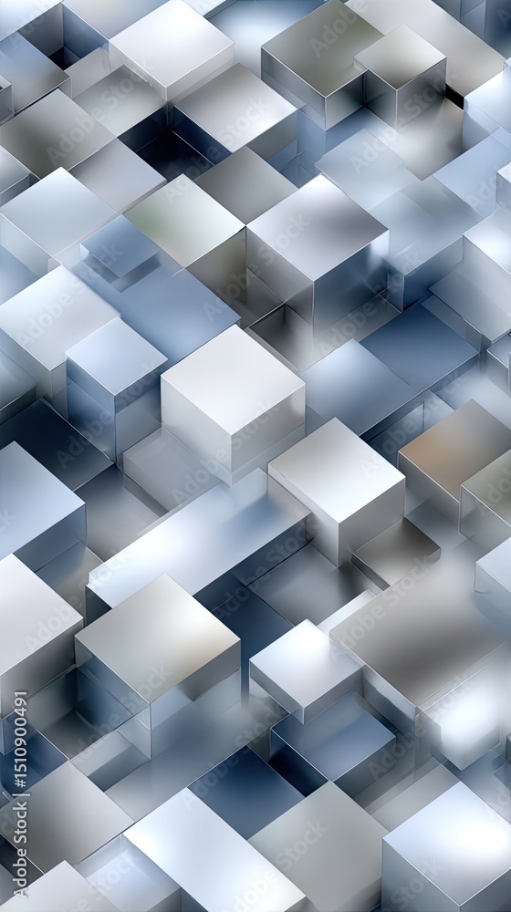 Poster three glass cubes float slowly in a gradient blue background, illuminated by a glowing green cube in
