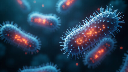 Macro view of bacteria and viruses under microscope. Infectious disease concept, epidemic background, microbiology close-up, dangerous pathogens, healthcare threat, microscopic organisms, outbreak ima