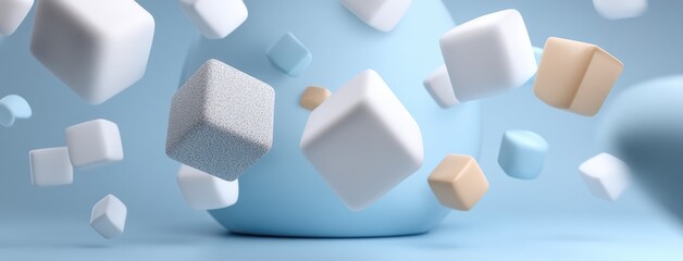 Three glass cubes float slowly in a gradient blue background, illuminated by a glowing green cube in the foreground