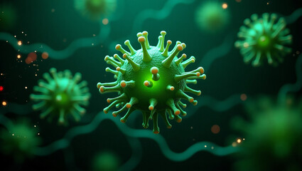Green viruses with DNA strands in microscopic view. Medical background showing infectious particles, disease transmission, epidemic risk, genetic material, viral structure, healthcare danger, biotechn