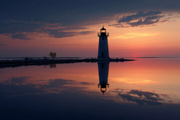 Lighthouse at Sunset Over Calm Lake