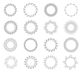 Branches circle frame set. Doodle wearth Hand drawn round line border, leaves and flowers, wedding invitation and cards, logo design and posters template. Elegant minimal style floral set