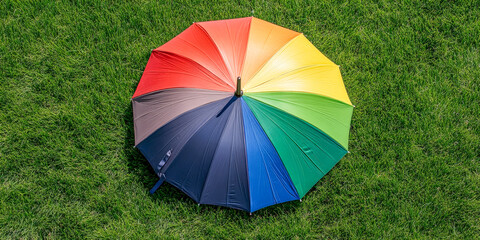 Vibrant Rainbow Umbrella on Fresh Green Grass Overhead Shot for Summer Rainy Day Marketing and Outdoor Lifestyle