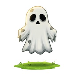 Cute Cartoon Ghost Floating Above Green Grass Halloween Illustration