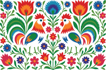 Colorful folk ornament in Łowicz style with roosters and flowers. Traditional Polish wycinanki paper cutout design, vector illustration for cards and textile decor