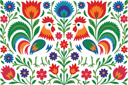 Colorful folk ornament in Łowicz style with roosters and flowers. Traditional Polish wycinanki paper cutout design, vector illustration for cards and textile decor