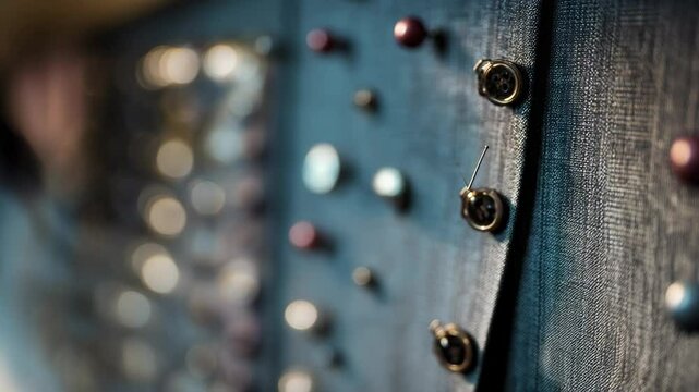 A tailor meticulously sewing a button onto a tweed jacket, demonstrating skilled craftsmanship with detail.