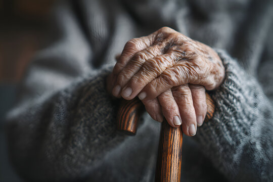 Elderly person holding walking stick, wrinkled hands and gray sweater