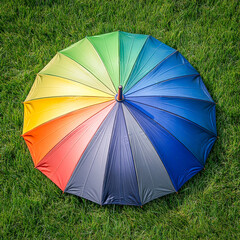 Vibrant rainbow umbrella displayed on lush green grass for summer picnic festival photoshoot and outdoor event marketing inspiration