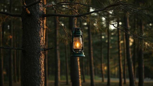Illuminated lantern hangs from a tree branch in a sunlit forest