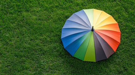 Vibrant Rainbow Umbrella on Fresh Green Grass Overhead Shot for Summer Rainy Day Marketing and Outdoor Lifestyle
