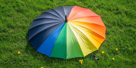 Vibrant rainbow umbrella displayed on lush green grass for summer picnic festival photoshoot and outdoor event marketing inspiration
