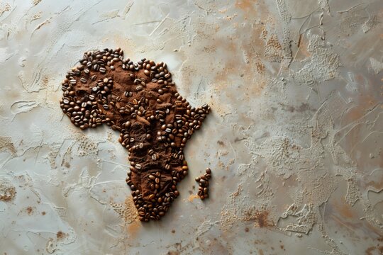 Coffee beans and powder forming african continent shape on textured background