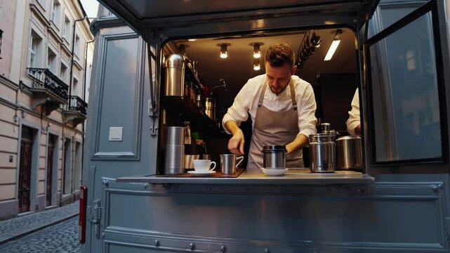 Barista preparing coffee in a mobile coffee truck
