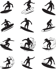 Surfer Silhouettes Black and White Action Figures Riding Waves Surfing Sports Illustrations