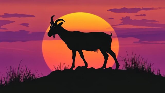 Silhouette of a goat on a hilltop at sunset