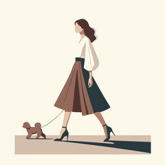 Fashionable girl walking a dog with a confident mood on the street