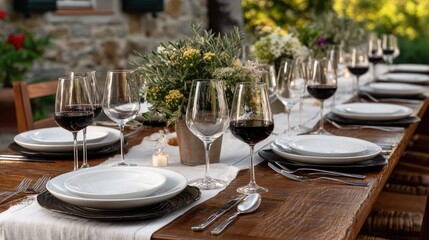 Fototapeta premium Long wooden table is beautifully set for dinner with plates and glasses, surrounded by olive trees as the sun sets warmly
