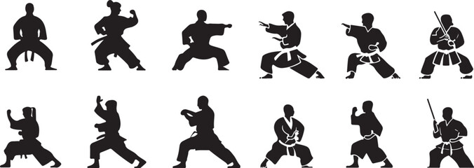Vector Silhouettes of Martial Artists in Dynamic Fighting Poses