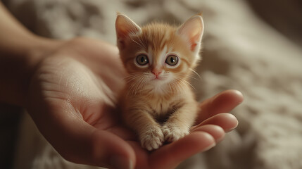 A tiny adorable orange tabby kitten held gently in a caring hand