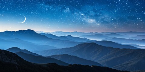 Majestic mountain range under a starry night sky with a crescent moon