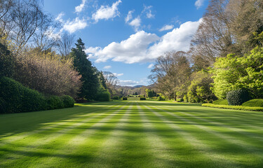 Beautiful blurred background image of spring nature with a neatly trimmed lawn surrounded by trees against a blue sky with clouds on a bright sunny day.
