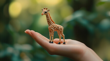 A toy giraffe held in the palm of a hand
