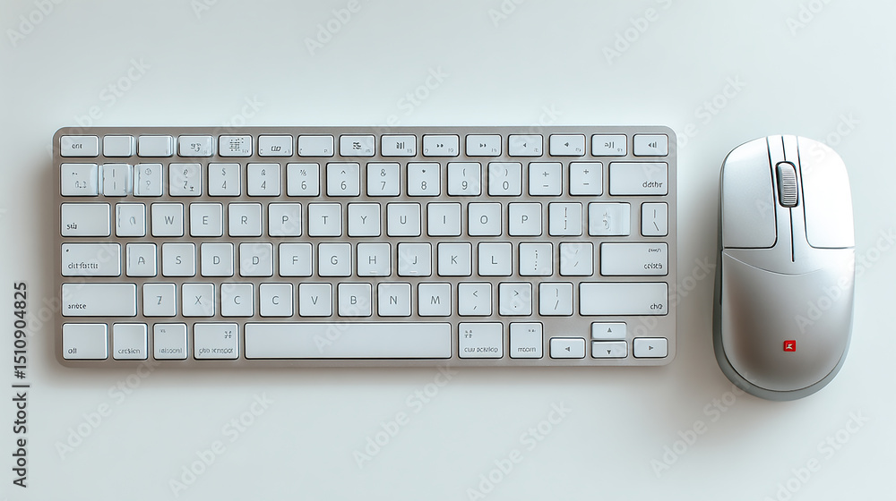 Fototapete minimalist workspace setup featuring a silver keyboard and mouse on a clean white surface ideal for 