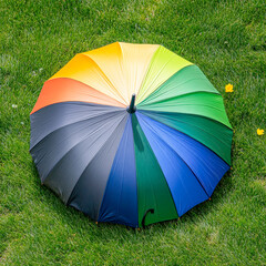 Vibrant rainbow umbrella displayed on lush green grass for summer picnic festival photoshoot and outdoor event marketing inspiration