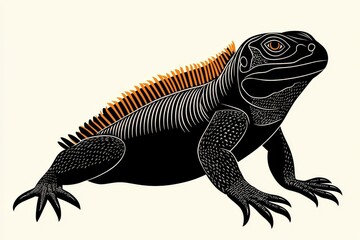 Fototapeta premium Black Lizard with Orange Crest Stylized Reptile Illustration