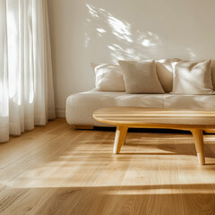 Sunlit wooden floor interior casting warm shadows across living space highlighting minimal decor natural lighting ideal for architecture and real estate marketing content