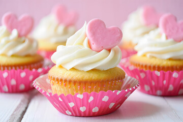 Adorable cupcakes with white frosting and pink heart decorations in decorative pink polka dot wrappers on a white wood surface.