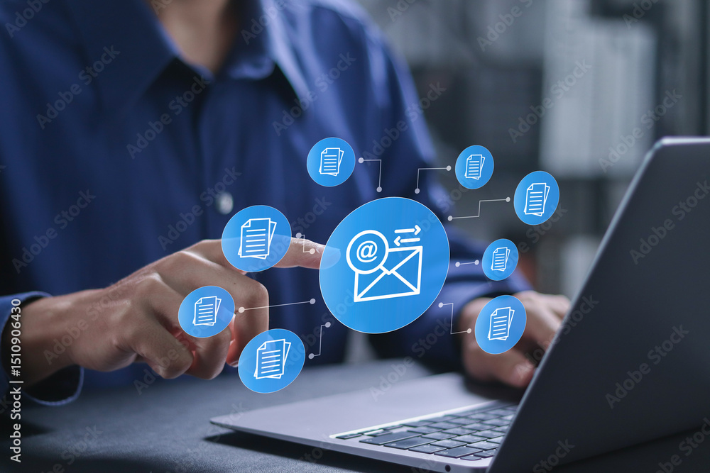 Poster email marketing concept, data center and internet advertising. businessman using computer laptop to 