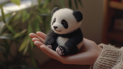 A small, adorable baby panda held in a human hand.