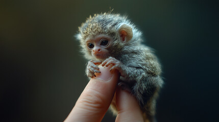 Adorable Baby Pygmy Marmoset Perched on a Finger