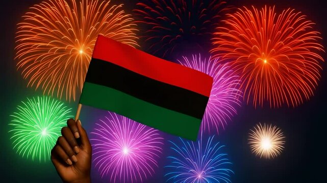 Juneteenth celebration video with an African American woman holding a flag and fireworks in the night sky - Happy Juneteenth