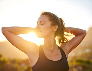 Woman enjoying sunset stretching