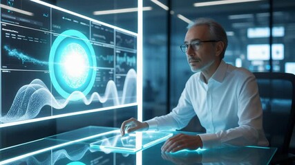 Senior man analyzing data on futuristic touchscreen in office   - Powered by Adobe