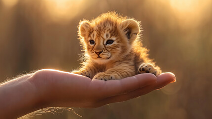A tiny lion cub rests gently in a human hand, bathed in warm sunlight.

