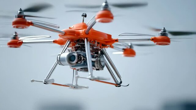 Young person pilots an orange hexacopter drone outdoors, focusing on technology and aerial photography.