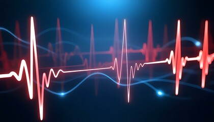 Digital simulation of a heartbeat waveform visualized as glowing holographic lines and pulses, vibrant red and blue colors