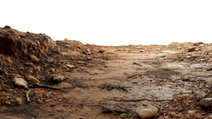 Deserted landscape showing dry soil and rocks with transparent background